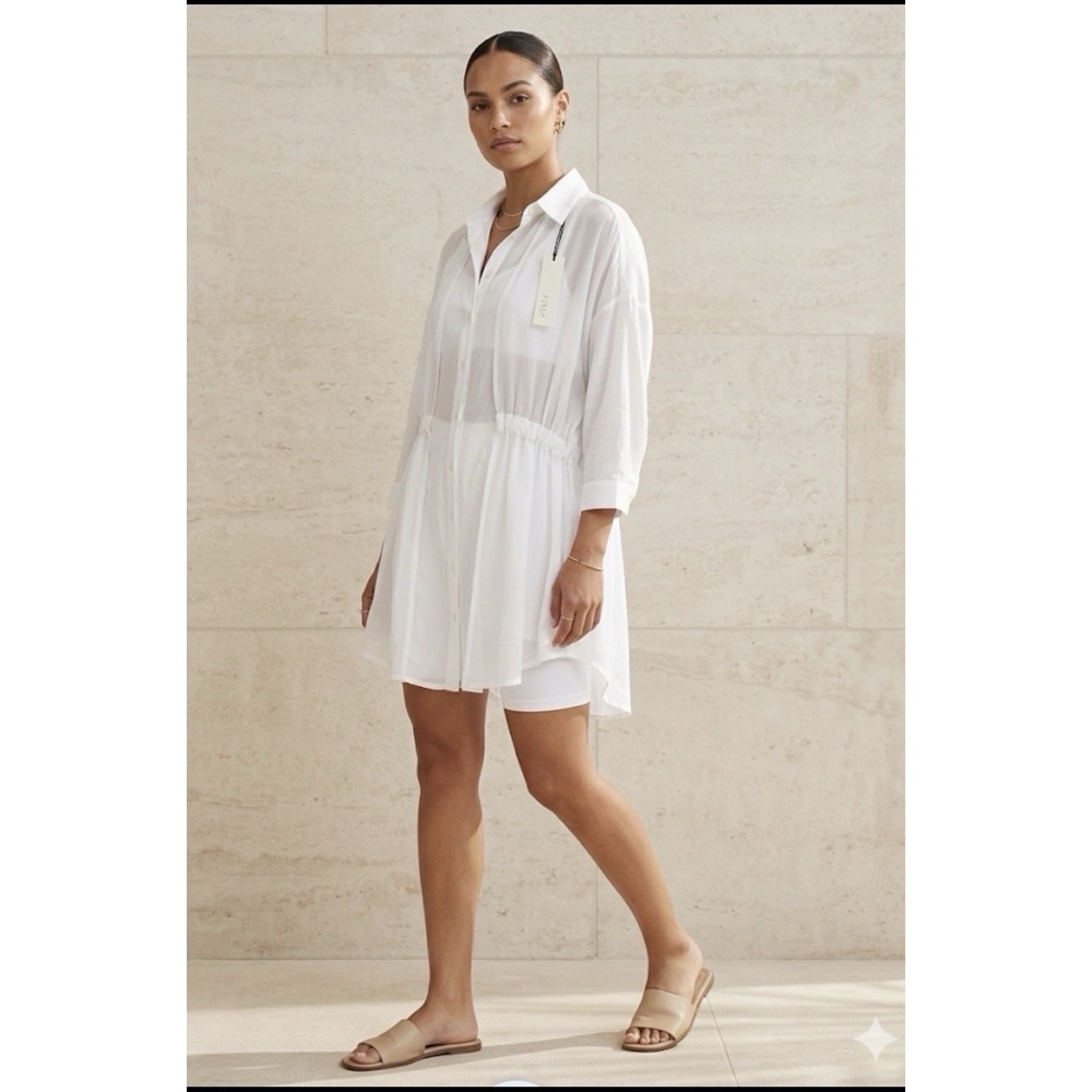 PINCH White Drawstring Waist Tunic Shirt Dress - Boho Beach Coverup - Size Large